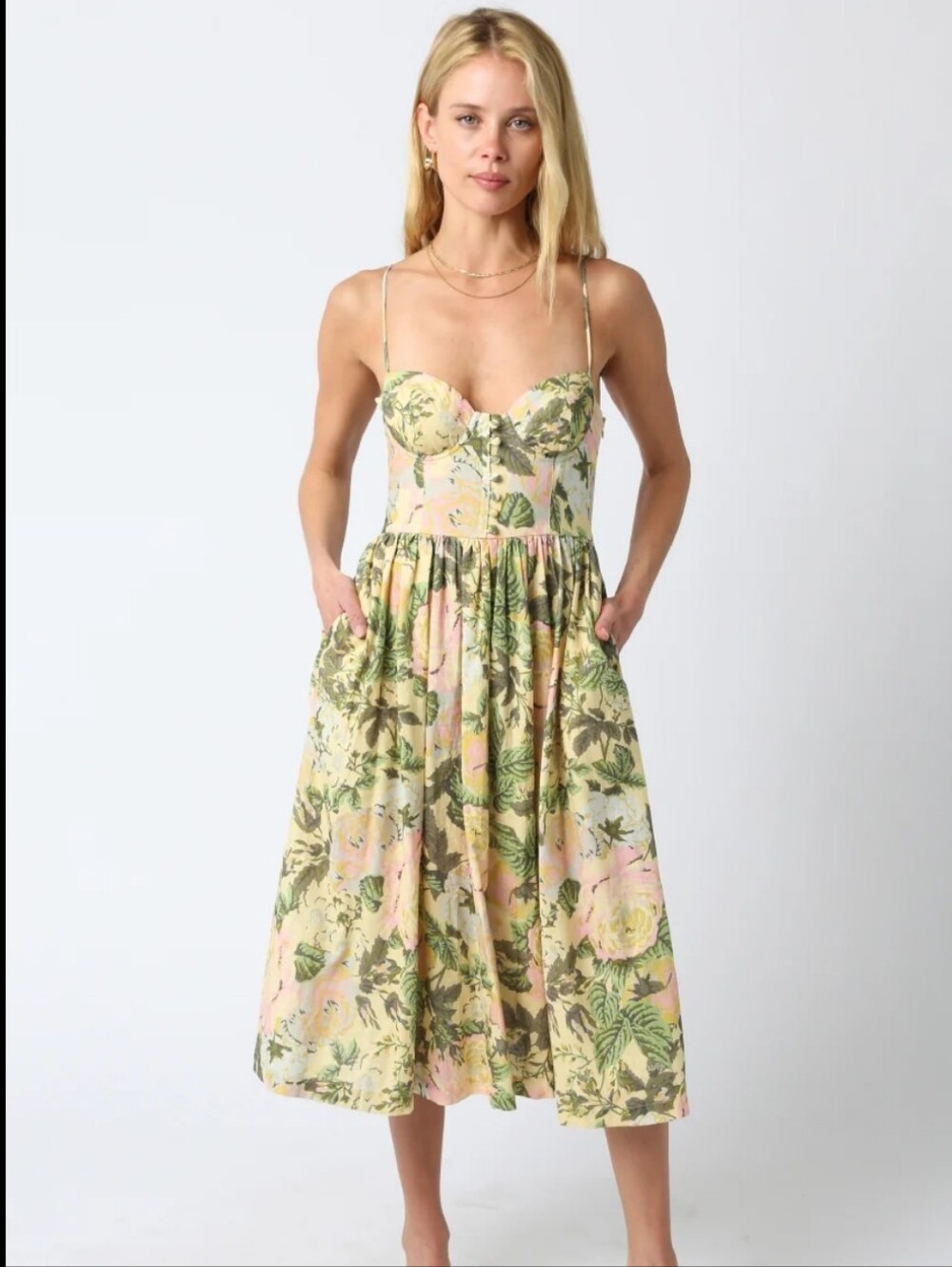 Olivaceous Women's Yellow Floral Linen Corset Midi Dress Pockets Sz S NWOT